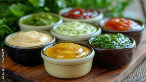 An array of colorful sauces arranged in bowls on a wooden board, perfect for enhancing dishes and garnishing meals.