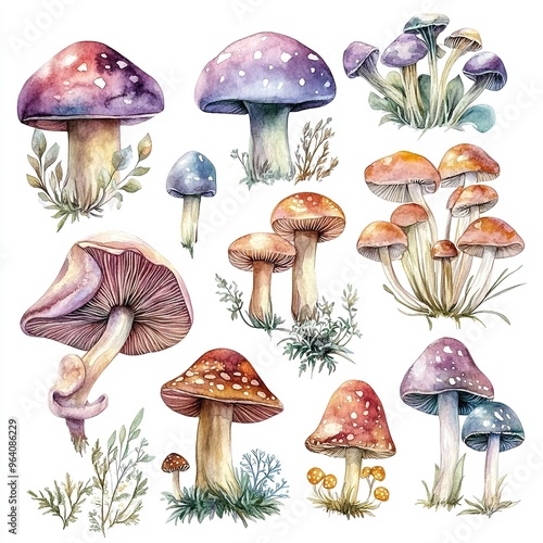 Vibrant watercolor mushroom collection with various fungi species