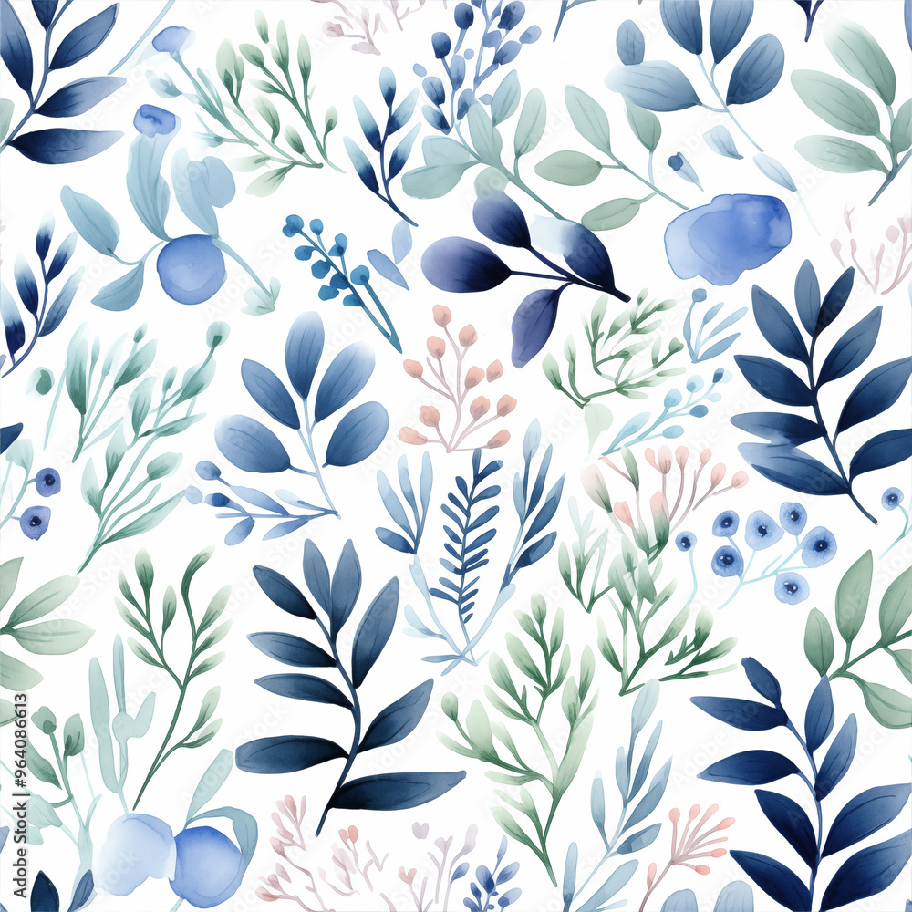 Fototapeta premium Summer blue plants seamless pattern. Natural leaves. Meadow foliage. Botanical design. Watercolor style. Image generated by AI technology
