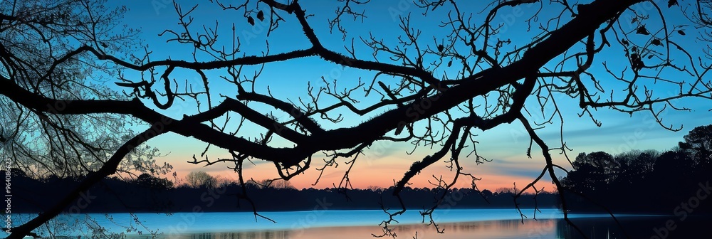 Tranquil Lake Sunset with Silhouetted Branches Tranquil Lake Sunset with Silhouetted Branches