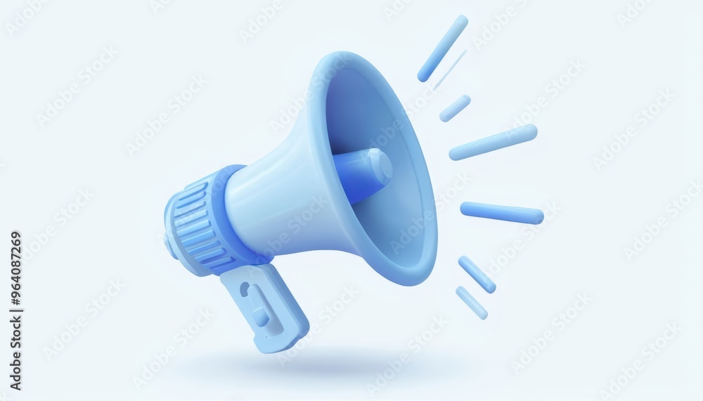 A 3D megaphone isolated on a white background used for loud announcements and communication, featuring a blue speaker horn and hand grip A 3D megaphone isolated on a white background used for loud announcements and communication, featuring a blue speaker horn and hand grip