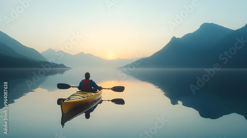 Fototapeta Naklejka Na Ścianę i Meble -  A person kayaking on a still lake with mountains in the distance, illuminated by the soft light of a morning sunrise casting reflections on the water