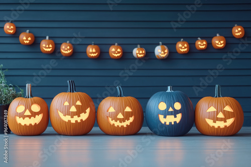 Halloween Porch Glow:  Five intricately carved pumpkins glow on a porch, beneath a string of festive pumpkin lights against a blue background.  photo