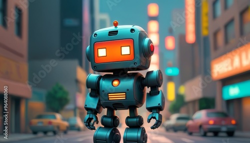 A charming robot stands in the middle of a vibrant futuristic cityscape. The bright lights and modern architecture provide a perfect backdrop, capturing a blend of technology and urban life, ideal for