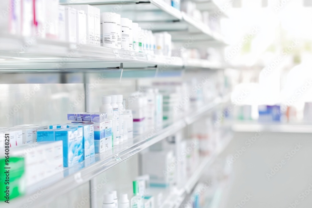 High-Angle View of Pharmacy Shelves Displaying Various Medical Products, Bright and Clean with Space for Text. Captured in High Resolution with Canon EOS, Featuring Shallow Depth of Field and Natural High-Angle View of Pharmacy Shelves Displaying Various Medical Products, Bright and Clean with Space for Text. Captured in High Resolution with Canon EOS, Featuring Shallow Depth of Field and Natural