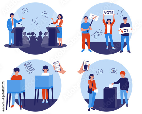 Political debates and discussions with candidates. A call to vote. The people in the voting booth are making their choice. People are throwing ballots into the ballot box.