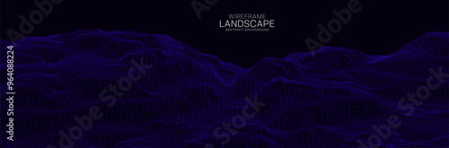 Wireframe landscape. Futuristic 3d mesh background. Digital hills technology. Vector illustration.