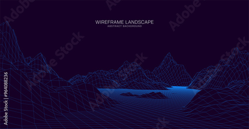 Wireframe landscape. Futuristic 3d mesh background. Digital hills technology. Vector illustration.