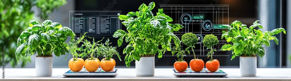 A vibrant indoor garden showcasing fresh herbs and tomatoes in modern pots, highlighted by a futuristic digital interface. A vibrant indoor garden showcasing fresh herbs and tomatoes in modern pots, highlighted by a futuristic digital interface.