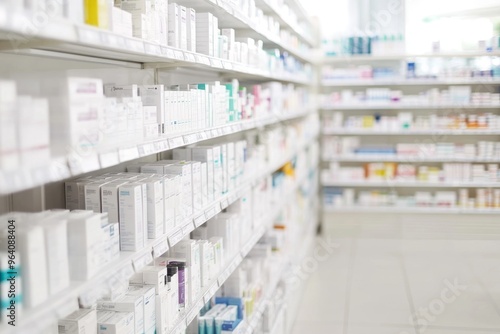 Wallpaper Mural High-Angle View of Pharmacy Shelves Displaying Various Medical Products, Bright and Clean with Space for Text. Captured in High Resolution with Canon EOS, Featuring Shallow Depth of Field and Natural  Torontodigital.ca