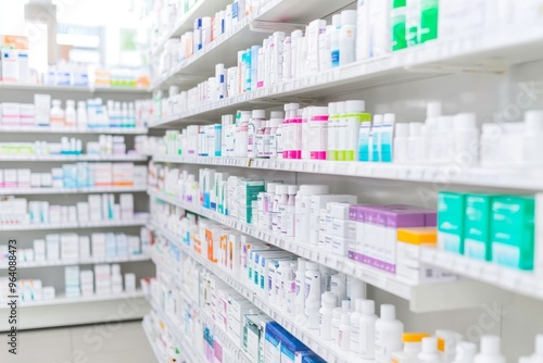 High-Angle View of Pharmacy Shelves Displaying Various Medical Products, Bright and Clean with Space for Text. Captured in High Resolution with Canon EOS, Featuring Shallow Depth of Field and Natural 