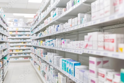 Wallpaper Mural High-Angle View of Pharmacy Shelves Displaying Various Medical Products, Bright and Clean with Space for Text. Captured in High Resolution with Canon EOS, Featuring Shallow Depth of Field and Natural  Torontodigital.ca