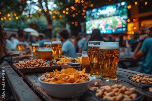 Frosty beer and hors d'oeuvres on a rustic table during Summer evening with a blurry outdoor bar in the background photo