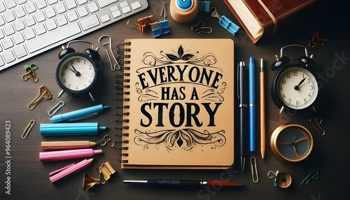 Inspirational message Everyone Has a Story displayed on a notebook with a pen, clock, and notepads on a desk, evoking storytelling and personal journeys
