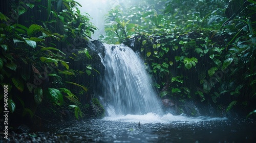 A small waterfall in a rainforest, with the falling water intensified by the rain and surrounded by lush, foggy vegetation.