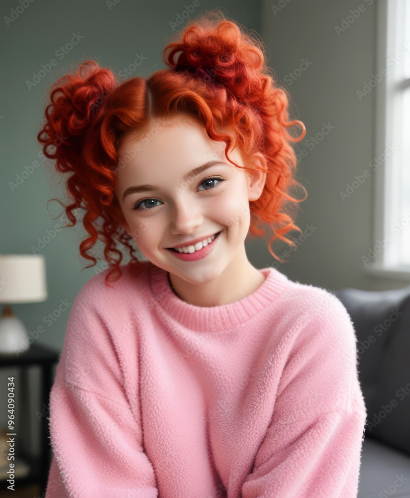 Portrait of a beautiful red-haired girl in pink sweater on blue background Portrait of a beautiful red-haired girl in pink sweater on blue background