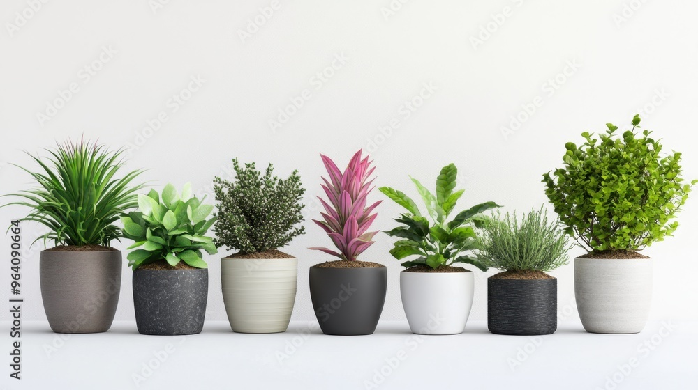 Obraz premium A collection of ornamental plants in stylish pots, arranged in a neat row against a plain white background.