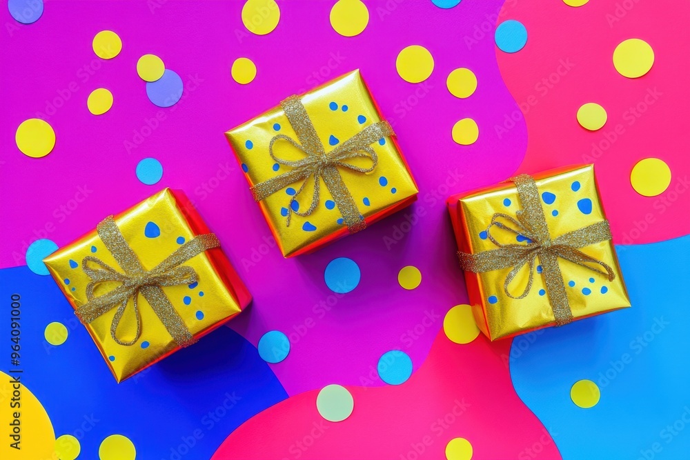 Festive golden gift boxes on colorful polka dot background Festive golden gift boxes on colorful polka dot background