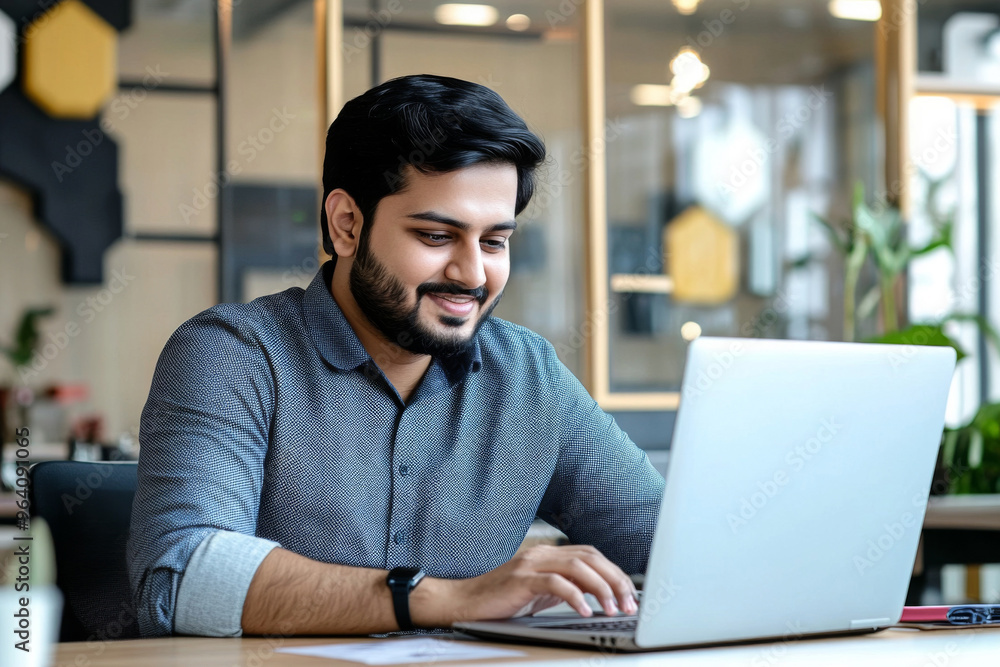 Handsome Indian Man Working on Laptop in Modern Office Setting Handsome Indian Man Working on Laptop in Modern Office Setting