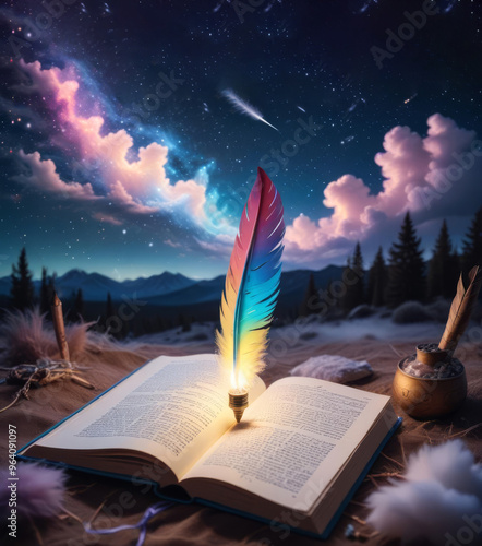 Illustration with a magic book and a feather on a starry sky background. Concept of writing