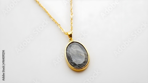 Gold Chain with Oval Grey Gemstone Pendant