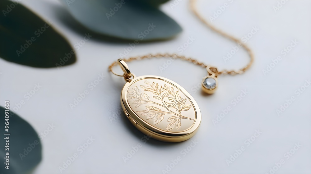 Gold Locket Necklace with Leaf Design on White Background Gold Locket Necklace with Leaf Design on White Background