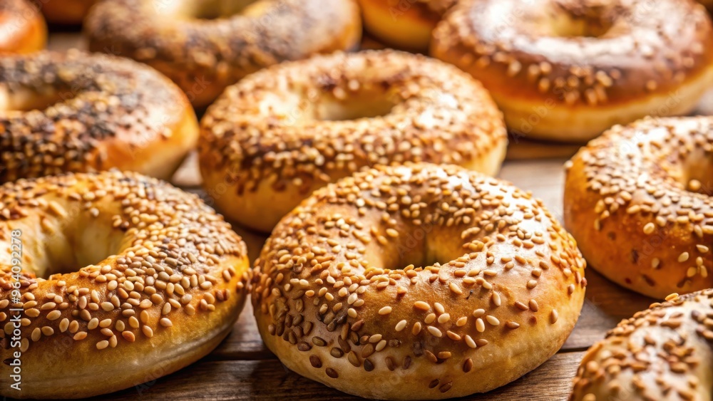 Close up of homemade sesame and flax seed bagels, fresh out of the oven, with copy space available Close up of homemade sesame and flax seed bagels, fresh out of the oven, with copy space available