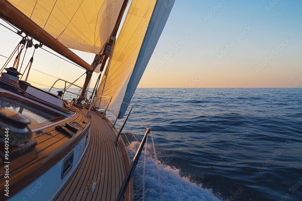 Fototapeta premium Sailboat with Sails Down Gliding on Open Water at Sunset, Wooden Yacht with Modern Comfort and Clear Skies