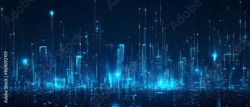 Abstract digital cityscape background with glowing blue lights