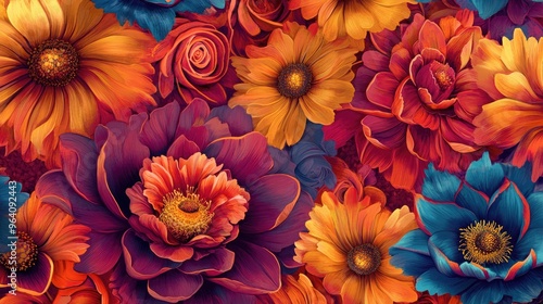 A digital rendering of a vibrant floral fabric pattern with large, richly colored flowers and detailed petals