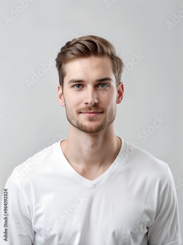 Young man portrait with calm expression on light background