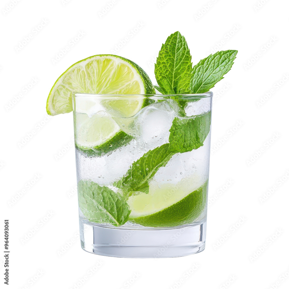 A refreshing cocktail garnished with lime slices and mint leaves, served on ice in a clear glass for a perfect summer drink. A refreshing cocktail garnished with lime slices and mint leaves, served on ice in a clear glass for a perfect summer drink.