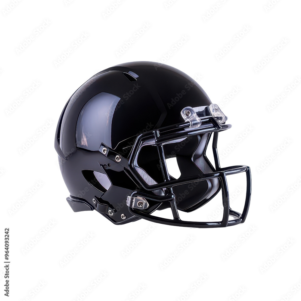 Naklejka premium A sleek black football helmet, showcasing modern design and protective features, perfect for sports marketing and promotions.