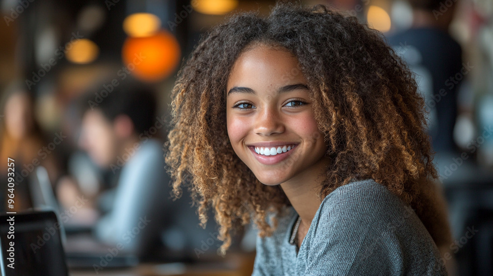 A cheerful girl with curly hair smiling at a cafe, radiating happiness and confidence while working on her laptop. A cheerful girl with curly hair smiling at a cafe, radiating happiness and confidence while working on her laptop.