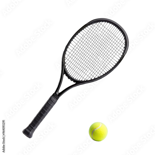 A sleek black tennis racket paired with a bright yellow tennis ball, perfect for sports and recreation-themed projects.