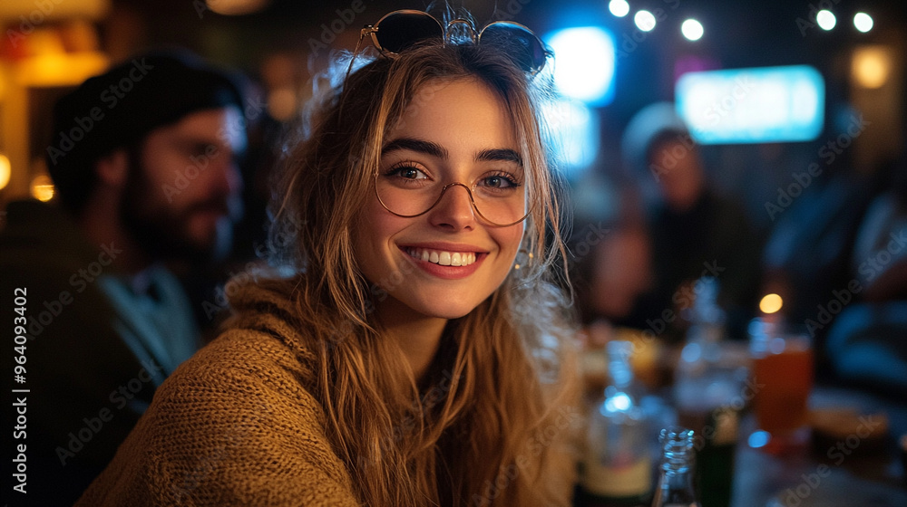 A cheerful young woman smiles brightly at a lively bar, showcasing warmth and camaraderie among friends in a social setting. A cheerful young woman smiles brightly at a lively bar, showcasing warmth and camaraderie among friends in a social setting.