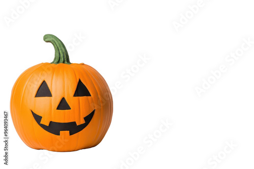 A vibrant orange pumpkin with a classic jack-o'-lantern face, perfect for Halloween decorations and themes.