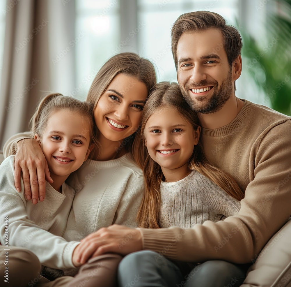 Happy family of four enjoying a cozy moment together in their living room during a sunny afternoon Happy family of four enjoying a cozy moment together in their living room during a sunny afternoon