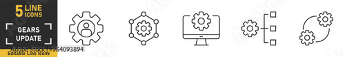 Gears line icon set. Set of 5 outline icons related to gears, control, tool, system and more. Vector illustration.