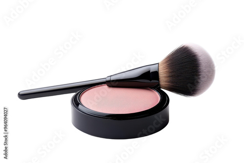 Close-up of a cosmetics blush compact with a soft brush for makeup application. Perfect for beauty enthusiasts and professionals. photo