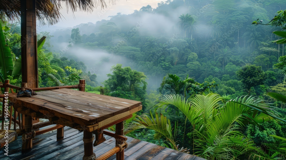A spacious wooden desk on a terrace overlooking a dense, mist-covered rainforest, providing a magical and inspiring setting for creative work or relaxation. A spacious wooden desk on a terrace overlooking a dense, mist-covered rainforest, providing a magical and inspiring setting for creative work or relaxation.