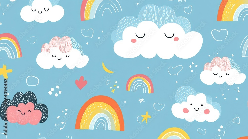 A repeating pattern of whimsical clouds and rainbows, creating a playful and cheerful seamless background A repeating pattern of whimsical clouds and rainbows, creating a playful and cheerful seamless background