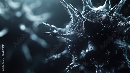 A close-up of a 3D-rendered virus, showing its complex structure with spikes and an ominous appearance, set against a dark background. photo