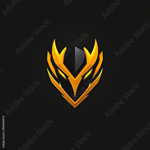 Abstract golden logo with a black background, representing a stylized bird head with sharp wings.