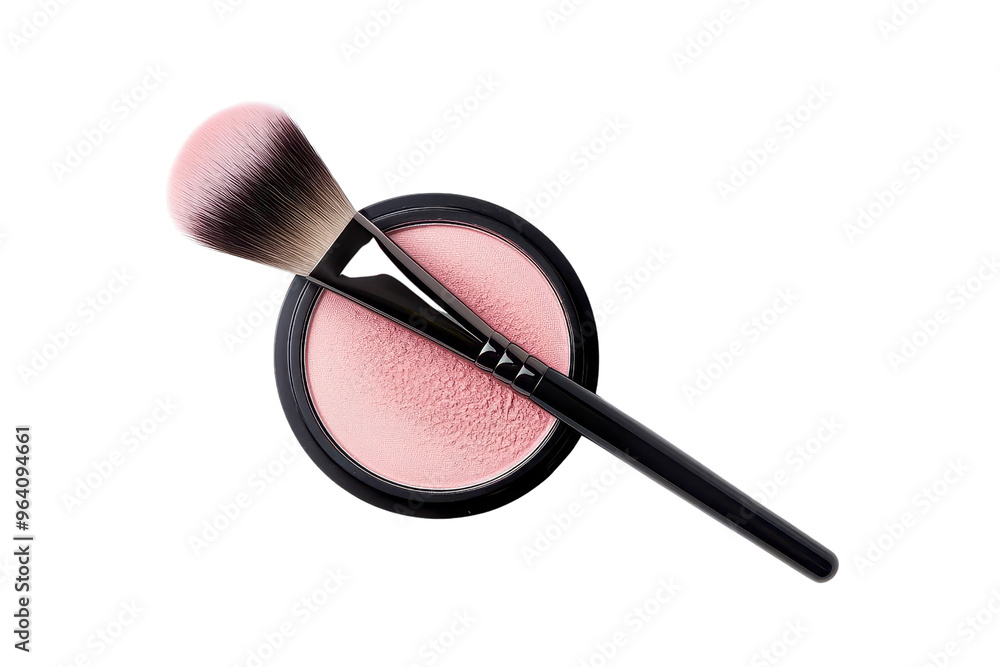Obraz Flat lay of a makeup brush and blush compact, showcasing beauty tools for cosmetics and makeup application in a stylish setting.