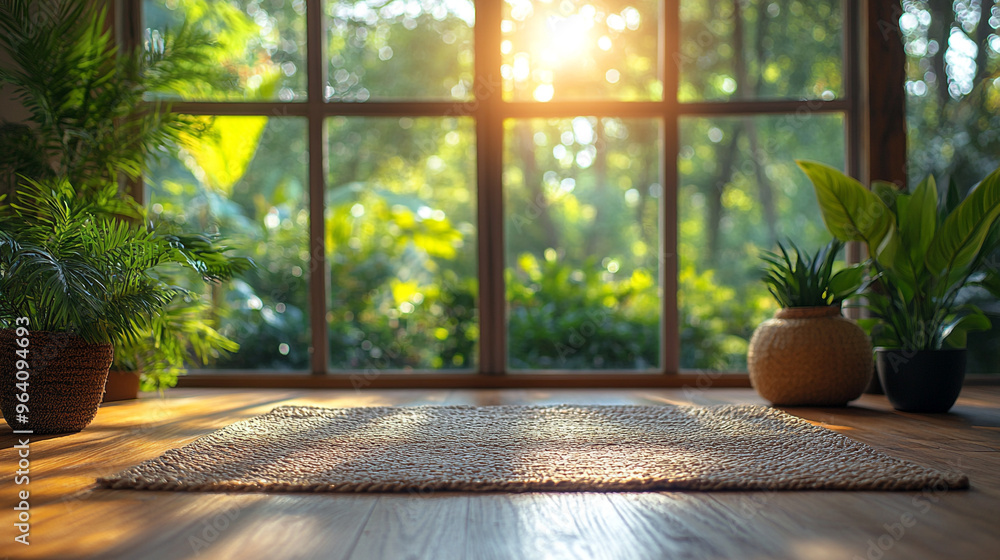 A serene indoor space featuring a natural light-filled window, plants, and a cozy rug, perfect for relaxation and tranquility. A serene indoor space featuring a natural light-filled window, plants, and a cozy rug, perfect for relaxation and tranquility.