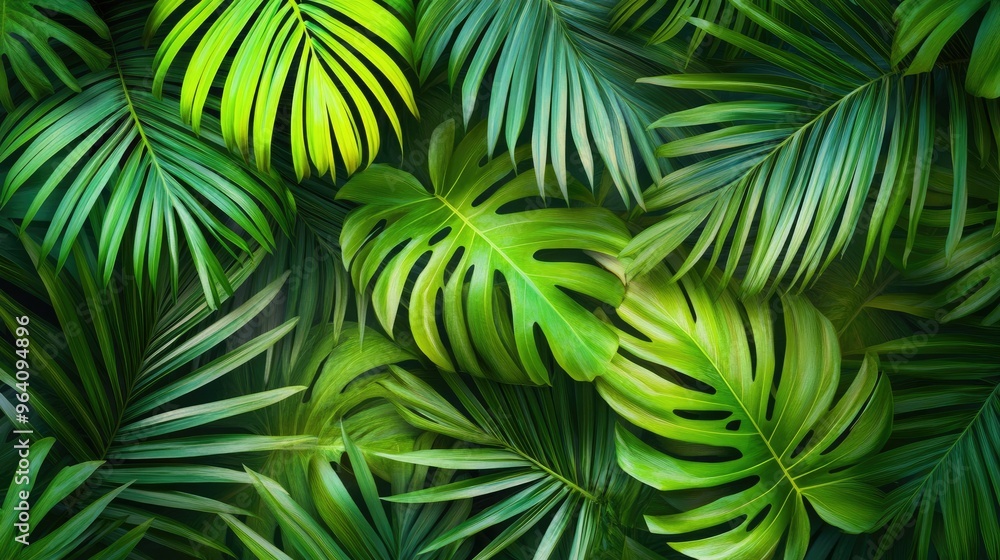 A seamless background of tropical palm leaves in vivid green hues, perfect for summery and beachy themes A seamless background of tropical palm leaves in vivid green hues, perfect for summery and beachy themes
