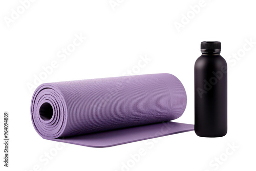Purple yoga mat with a black water bottle, ideal for fitness enthusiasts and wellness activities.