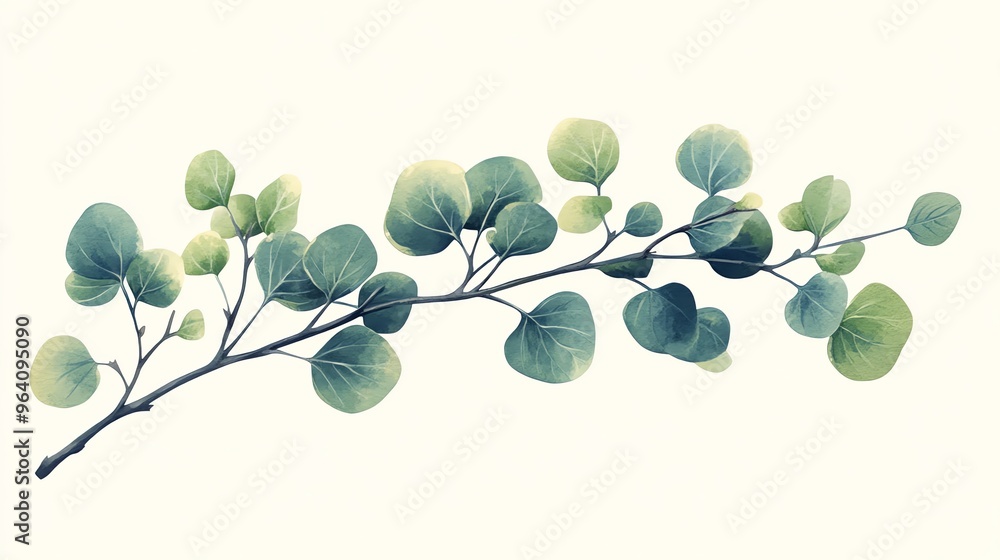Obraz premium Watercolor illustration of a branch with green leaves isolated on a white background.