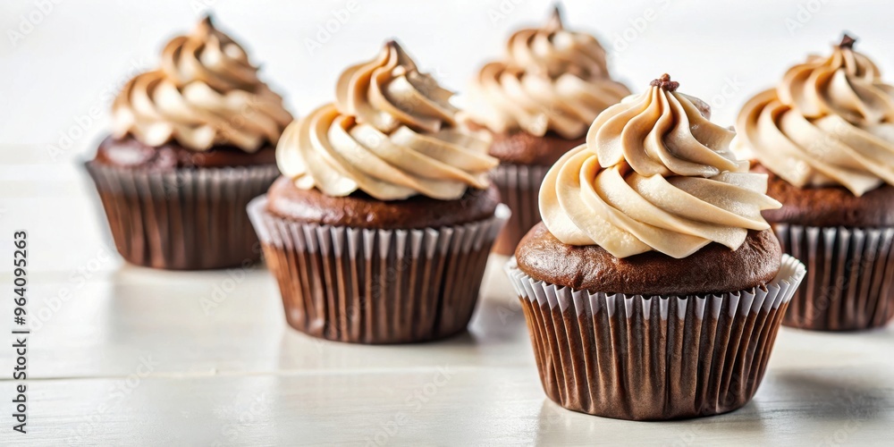 Delicious chocolate cupcakes topped with creamy frosting on white background Delicious chocolate cupcakes topped with creamy frosting on white background